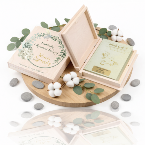 Pismo Święte w pudełku drewnianym EKO ♻ z nadrukiem UV | Pamiątka I Komunii Świętej | Biblia Paulistów