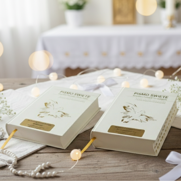 paginacje biblii- Pismo Święte w pudełku drewnianym EKO ♻ z nadrukiem UV | Pamiątka I Komunii Świętej | Biblia Paulistów