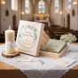 aranżacja Pismo Święte w pudełku drewnianym EKO ♻ z nadrukiem UV | Pamiątka I Komunii Świętej | Biblia Paulistów