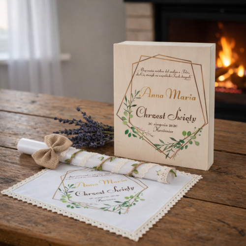 Eko zestaw ♻ PUDEŁKO • ŚWIECA • SZATKA – Pamiątka Chrztu Świętego