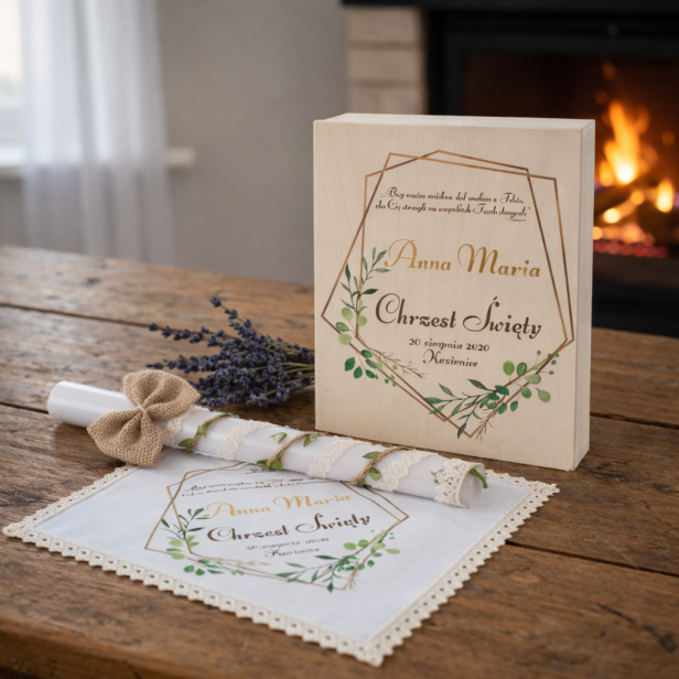 Eko zestaw ♻ PUDEŁKO • ŚWIECA • SZATKA – Pamiątka Chrztu Świętego