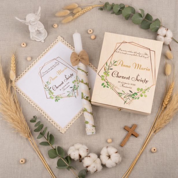 Eko zestaw ♻ PUDEŁKO • ŚWIECA • SZATKA – Pamiątka Chrztu Świętego