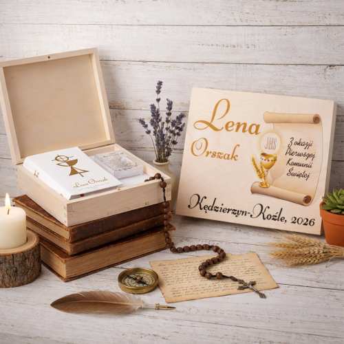 aranżacja IHS BOX pudełko drewniane z nadrukiem – różaniec i skarbczyk „Droga do Nieba”