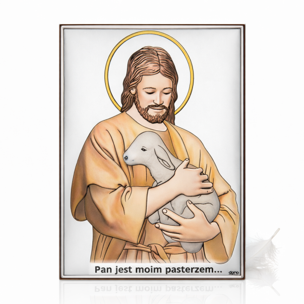 Obrazek srebrny kolor „Pan jest moim Pasterzem” – Chrystus Dobry Pasterz 10×14 cm | ARGENTO SACRO™