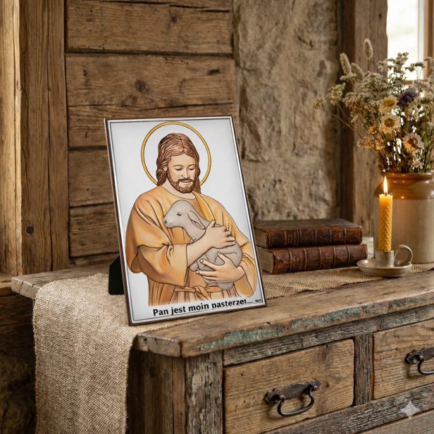 Obrazek srebrny kolor „Pan jest moim Pasterzem” – Chrystus Dobry Pasterz 10×14 cm | ARGENTO SACRO™