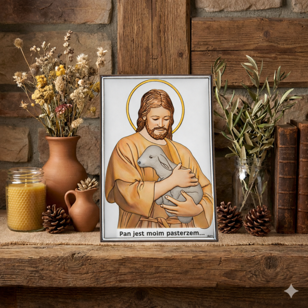 Obrazek srebrny kolor „Pan jest moim Pasterzem” – Chrystus Dobry Pasterz 10×14 cm | ARGENTO SACRO™