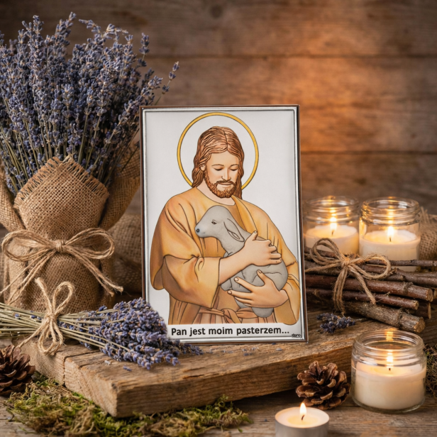 Obrazek srebrny kolor „Pan jest moim Pasterzem” – Chrystus Dobry Pasterz 10×14 cm | ARGENTO SACRO™