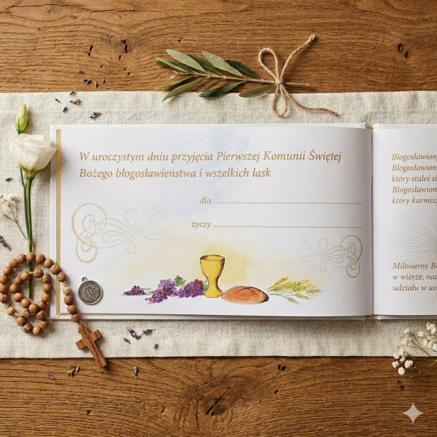 spojrzenie wewnątrz Album komunijny z grawerem | Pamiątka I Komunii Świętej
