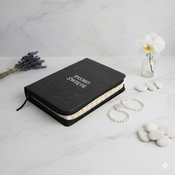 aranżacja Pismo Święte w czarnej oprawie z naturalnej skóry na zamek – elegancka Biblia prezentowa