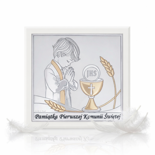 Obrazek srebrny I Komunia Święta chłopiec 15×15 | SILVER COMMUNIO™
