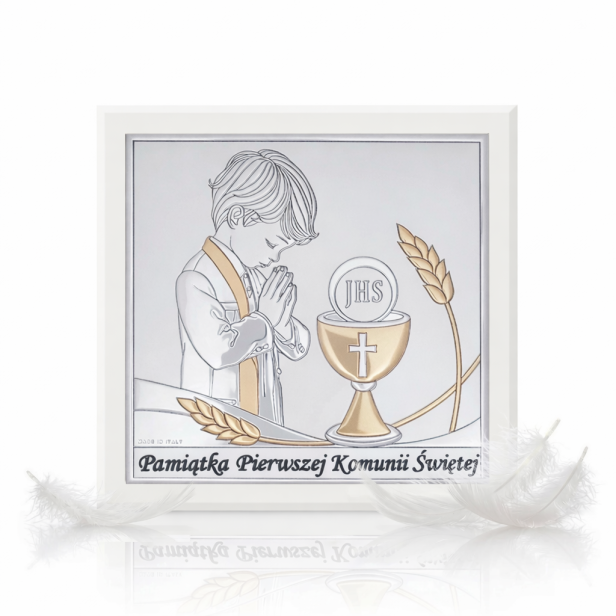 Obrazek srebrny I Komunia Święta chłopiec 15×15 | SILVER COMMUNIO™