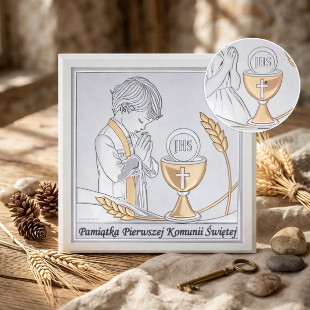 Obrazek srebrny I Komunia Święta chłopiec 15×15 | SILVER COMMUNIO™