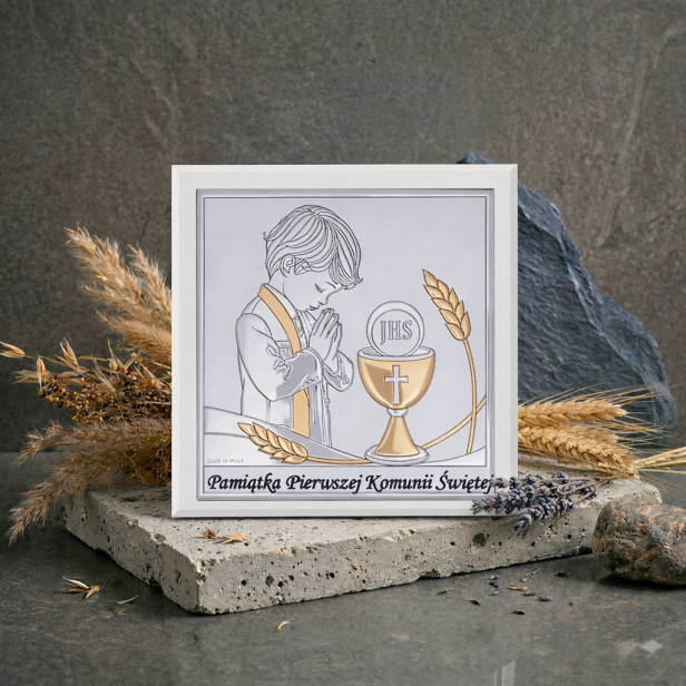 Obrazek srebrny I Komunia Święta chłopiec 15×15 | SILVER COMMUNIO™