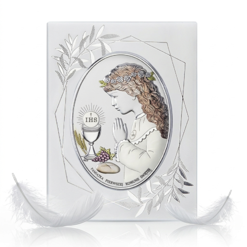 Obrazek srebrny I Komunia Święta dziewczynka 15×20 | SILVER COMMUNIO™