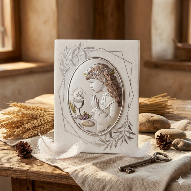 Obrazek srebrny I Komunia Święta dziewczynka 15×20 | SILVER COMMUNIO™