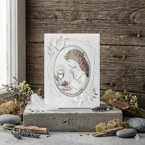 Obrazek srebrny I Komunia Święta dziewczynka 15×20 | SILVER COMMUNIO™