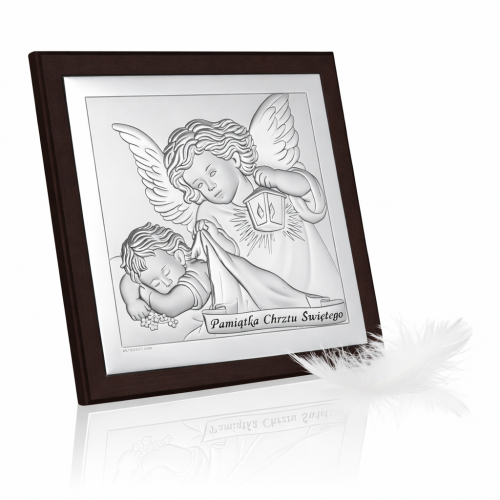 Obrazek srebrny Anioł Stróż z latarenką 10×10 – Pamiątka Chrztu Świętego | SILVER BAPTISM™