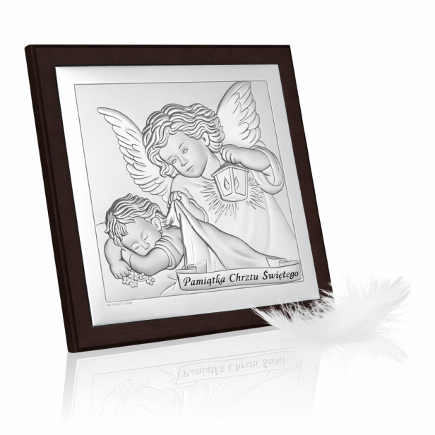 Obrazek srebrny Anioł Stróż z latarenką 10×10 – Pamiątka Chrztu Świętego | SILVER BAPTISM™