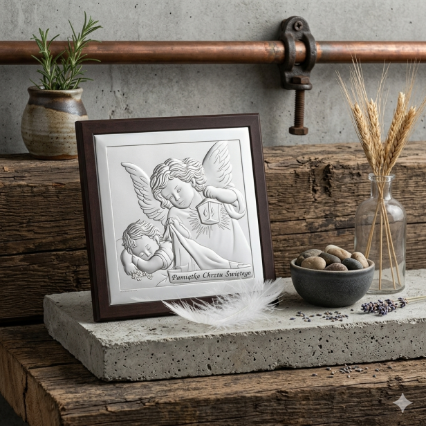Obrazek srebrny Anioł Stróż z latarenką 10×10 – Pamiątka Chrztu Świętego | SILVER BAPTISM™