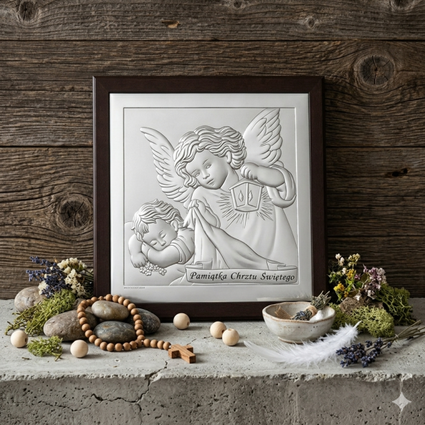 Obrazek srebrny Anioł Stróż z latarenką 10×10 – Pamiątka Chrztu Świętego | SILVER BAPTISM™