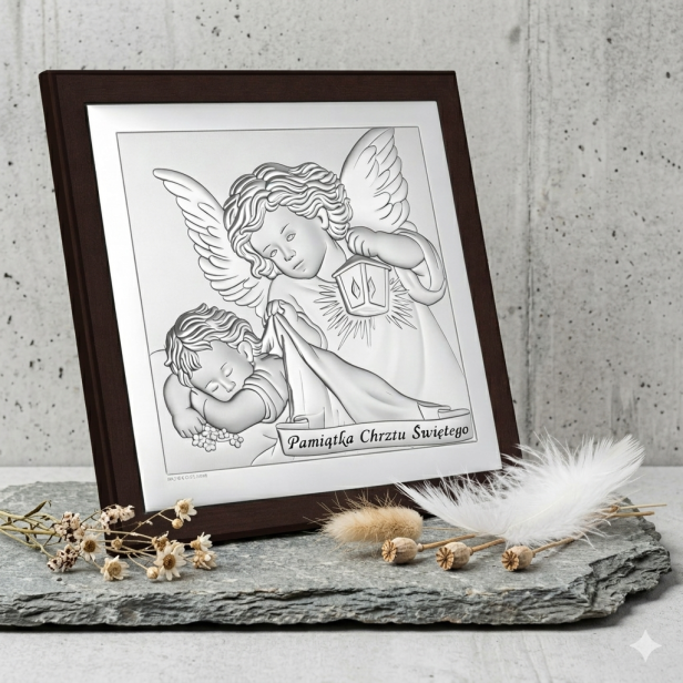 Obrazek srebrny Anioł Stróż z latarenką 10×10 – Pamiątka Chrztu Świętego | SILVER BAPTISM™