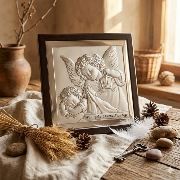 Obrazek srebrny Anioł Stróż z latarenką 10×10 – Pamiątka Chrztu Świętego | SILVER BAPTISM™