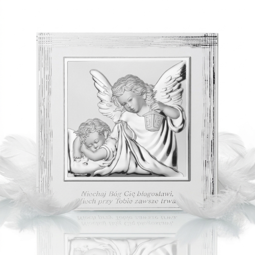 Obrazek srebrny – Niech Bóg Cię błogosławi – 17×17 cm | SILVER BAPTISM™