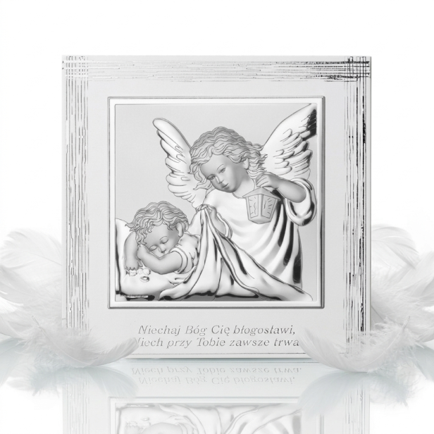 Obrazek srebrny – Niech Bóg Cię błogosławi – 17×17 cm | SILVER BAPTISM™