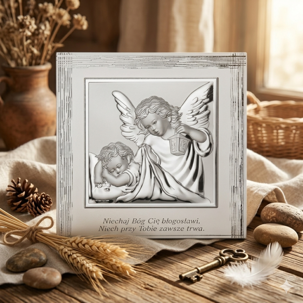 Obrazek srebrny – Niech Bóg Cię błogosławi – 17×17 cm | SILVER BAPTISM™