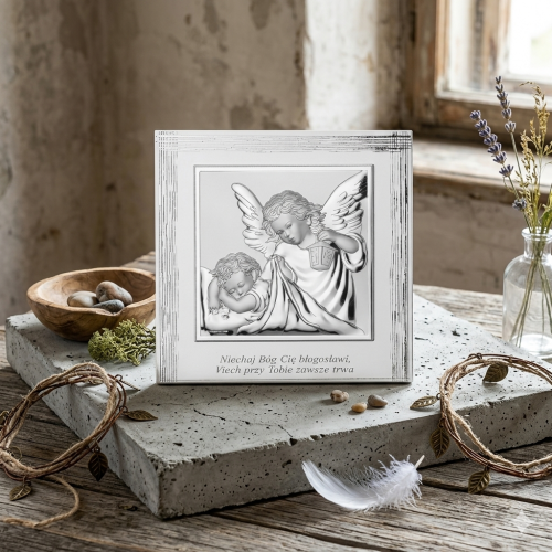 Obrazek srebrny – Niech Bóg Cię błogosławi – 17×17 cm | SILVER BAPTISM™