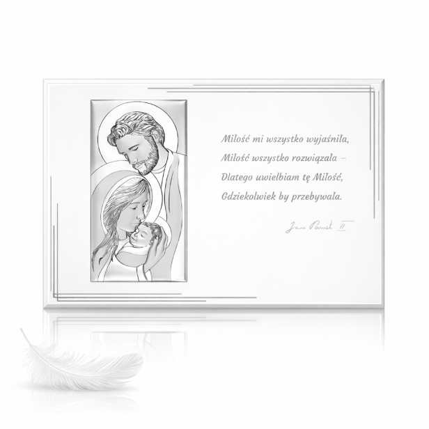 Srebrny obrazek biały Święta Rodzina z cytatem 20×15 cm | ARGENTO SACRO™