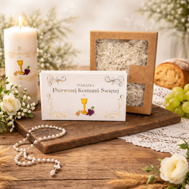 Pamiątka komunijna w pudełku kraft z grawerem – Pierwsza Komunia Święta