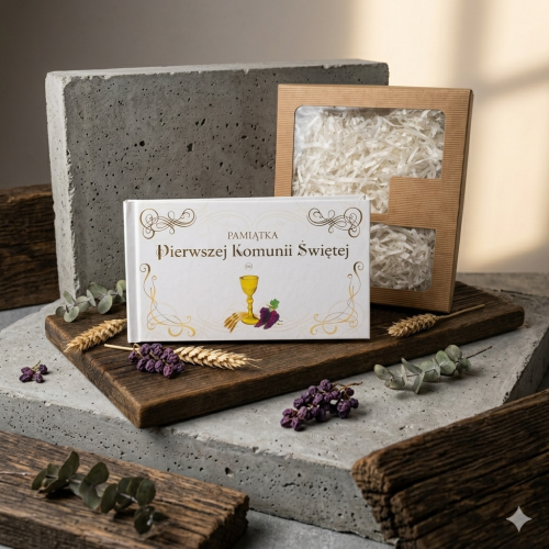 Pamiątka komunijna w pudełku kraft z grawerem – Pierwsza Komunia Święta