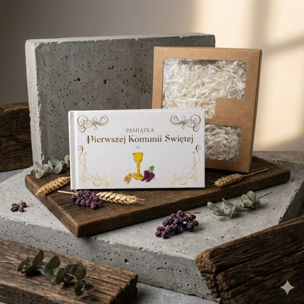 Pamiątka komunijna w pudełku kraft z grawerem – Pierwsza Komunia Święta