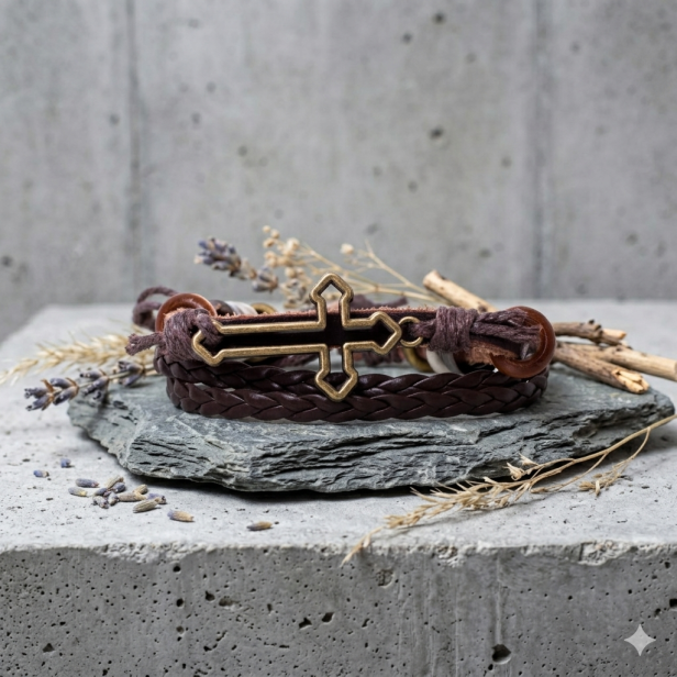 Męska bransoletka skórzana z krzyżem – brązowa, minimalistyczna, naturalna skóra 18 cm