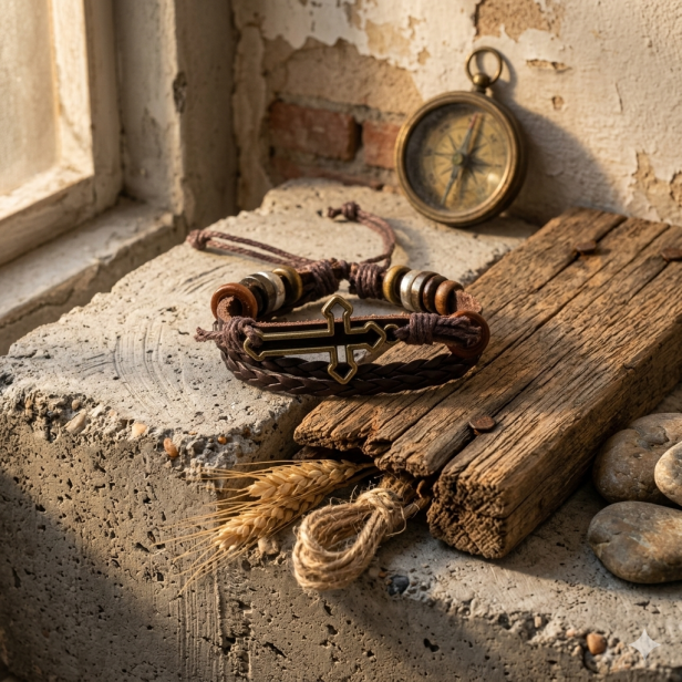 Męska bransoletka skórzana z krzyżem – brązowa, minimalistyczna, naturalna skóra 18 cm