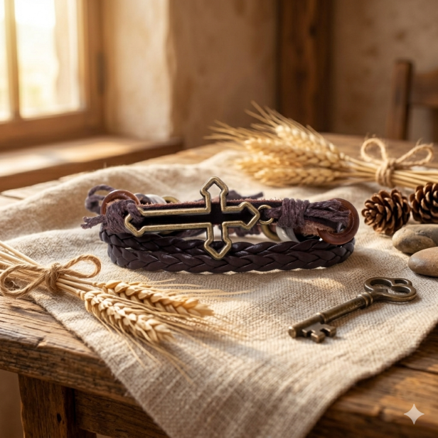 Męska bransoletka skórzana z krzyżem – brązowa, minimalistyczna, naturalna skóra 18 cm