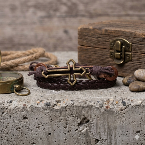 Męska bransoletka skórzana z krzyżem – brązowa, minimalistyczna, naturalna skóra 18 cm