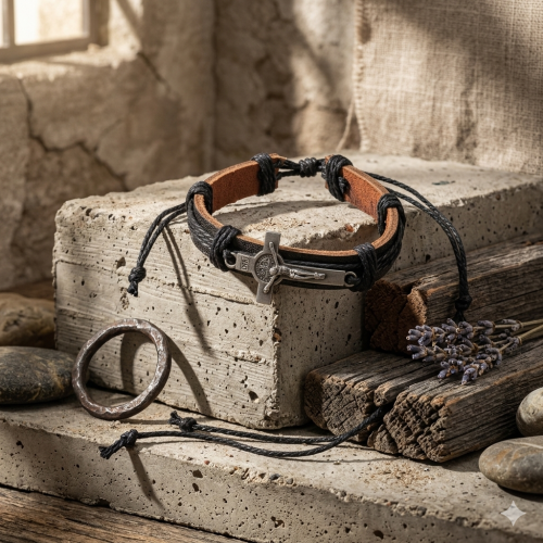 Bransoletka skórzana z krzyżem św. Benedykta – czarna, naturalna skóra, symbol ochrony 17,5 cm