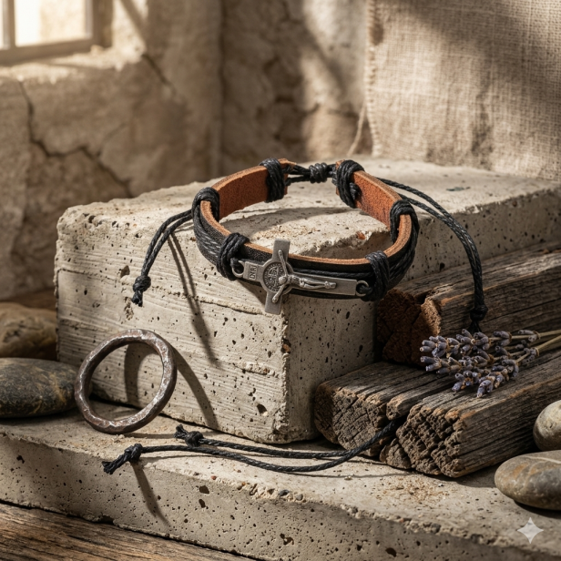 Bransoletka skórzana z krzyżem św. Benedykta – czarna, naturalna skóra, symbol ochrony 17,5 cm