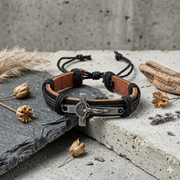 Bransoletka skórzana z krzyżem św. Benedykta – czarna, naturalna skóra, symbol ochrony 17,5 cm