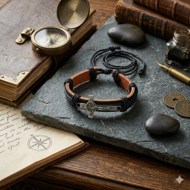 Bransoletka skórzana z krzyżem św. Benedykta – czarna, naturalna skóra, symbol ochrony 17,5 cm