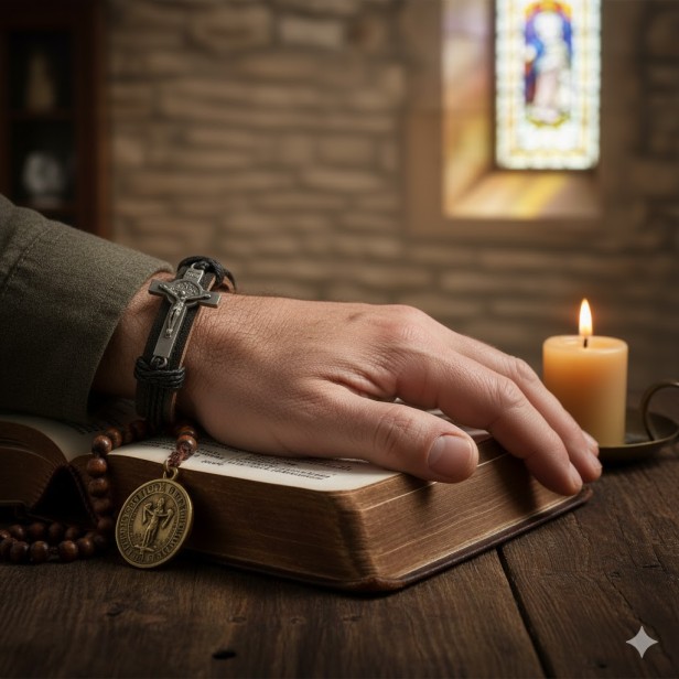 Bransoletka skórzana z krzyżem św. Benedykta – czarna, naturalna skóra, symbol ochrony 17,5 cm