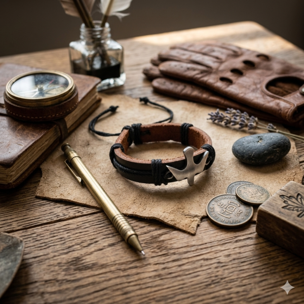 Bransoletka skórzana Duch Święty – czarna z symbolem gołębicy, naturalna skóra 17,5 cm