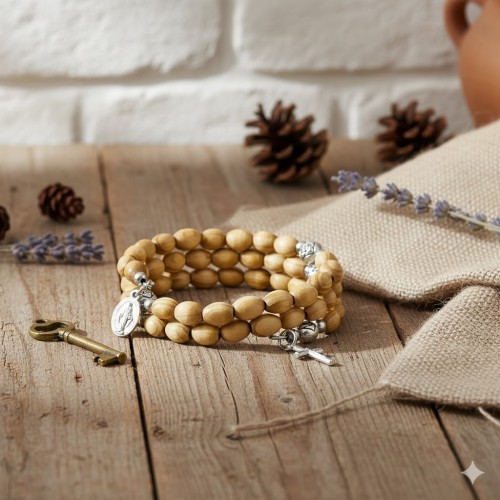 Bransoletka różaniec na rękę z drewna 8 mm – Cudowny Medalik, pełny różaniec 5 dziesiątek