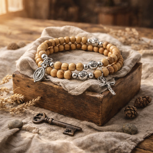 Bransoletka różaniec na rękę św. Benedykt drewno 6 mm – regulowana, symbol ochrony