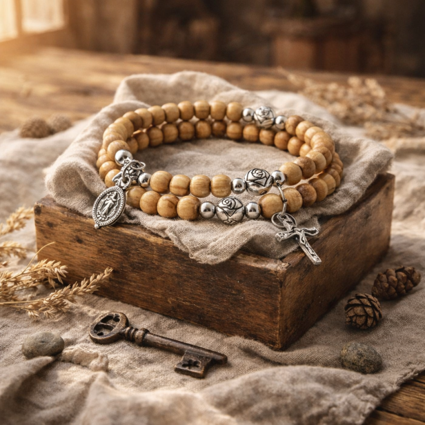 Bransoletka różaniec na rękę św. Benedykt drewno 6 mm – regulowana, symbol ochrony