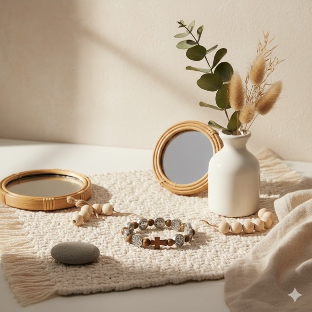 Bransoletka dziesiątek różańca św. Benedykt drewno 12 mm – elastyczna, naturalna