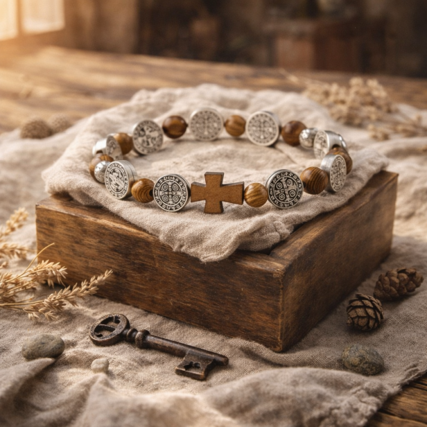 Bransoletka dziesiątek różańca św. Benedykt drewno 12 mm – elastyczna, naturalna