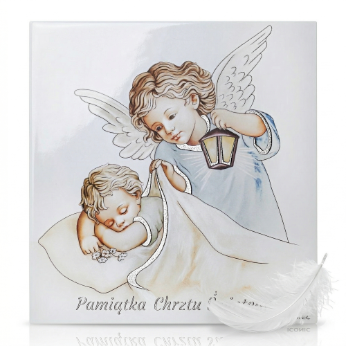 Obraz sakralny ICONIC™ – Anioł Stróż niebieski 28×28 cm – srebrzone detale 3D